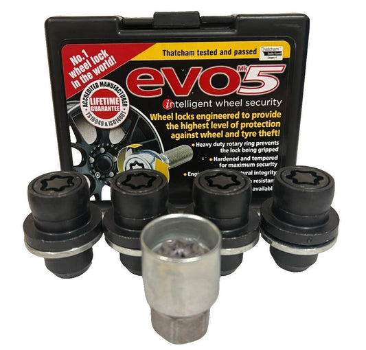 EVO5 Land Rover/Range Rover Black Locking Wheel Nuts & Key Set of 4 M14 x 1.5