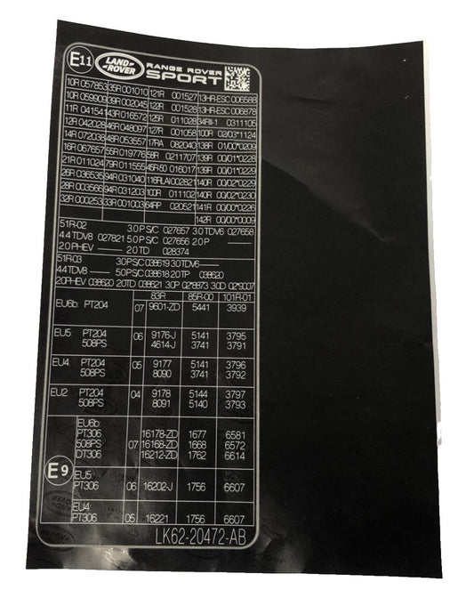 Genuine Land Rover Range Rover Sport 2014-2022 'E' Approval Label - LR138614