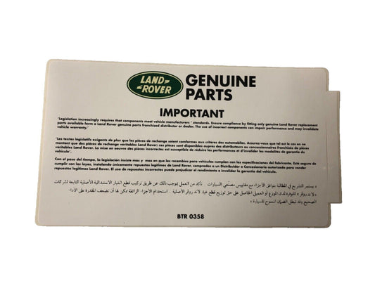 Genuine Land Rover Discovery/Range Rover Underbonnet Data Label x10  BTR358
