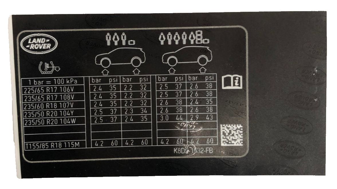 Genuine Land Rover Range Rover Evoque Tyre Pressure Instruction Label - LR123920
