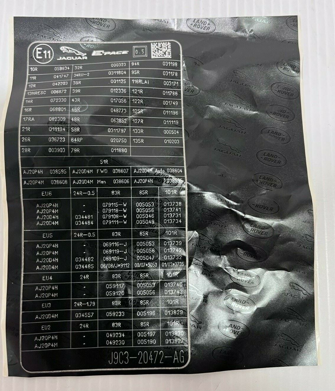 Genuine Jaguar E-Pace 17+ Emissions Warning Label ''E'' Approval J9C12827