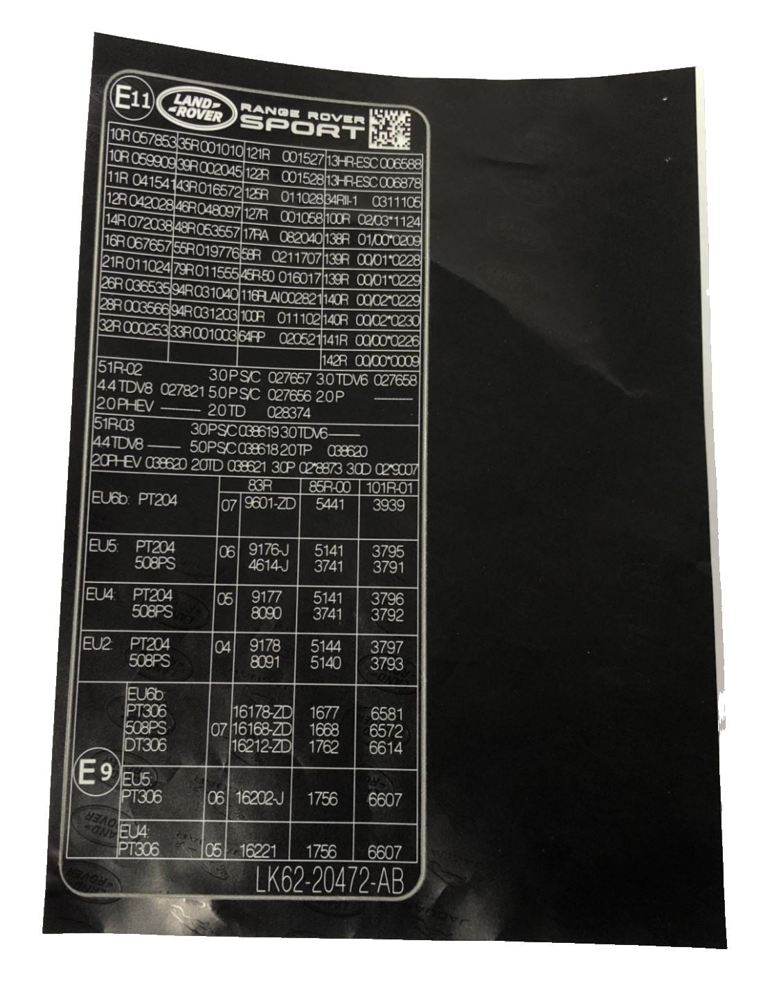 Genuine Land Rover Range Rover Sport 2014-2022 'E' Approval Label - LR138614