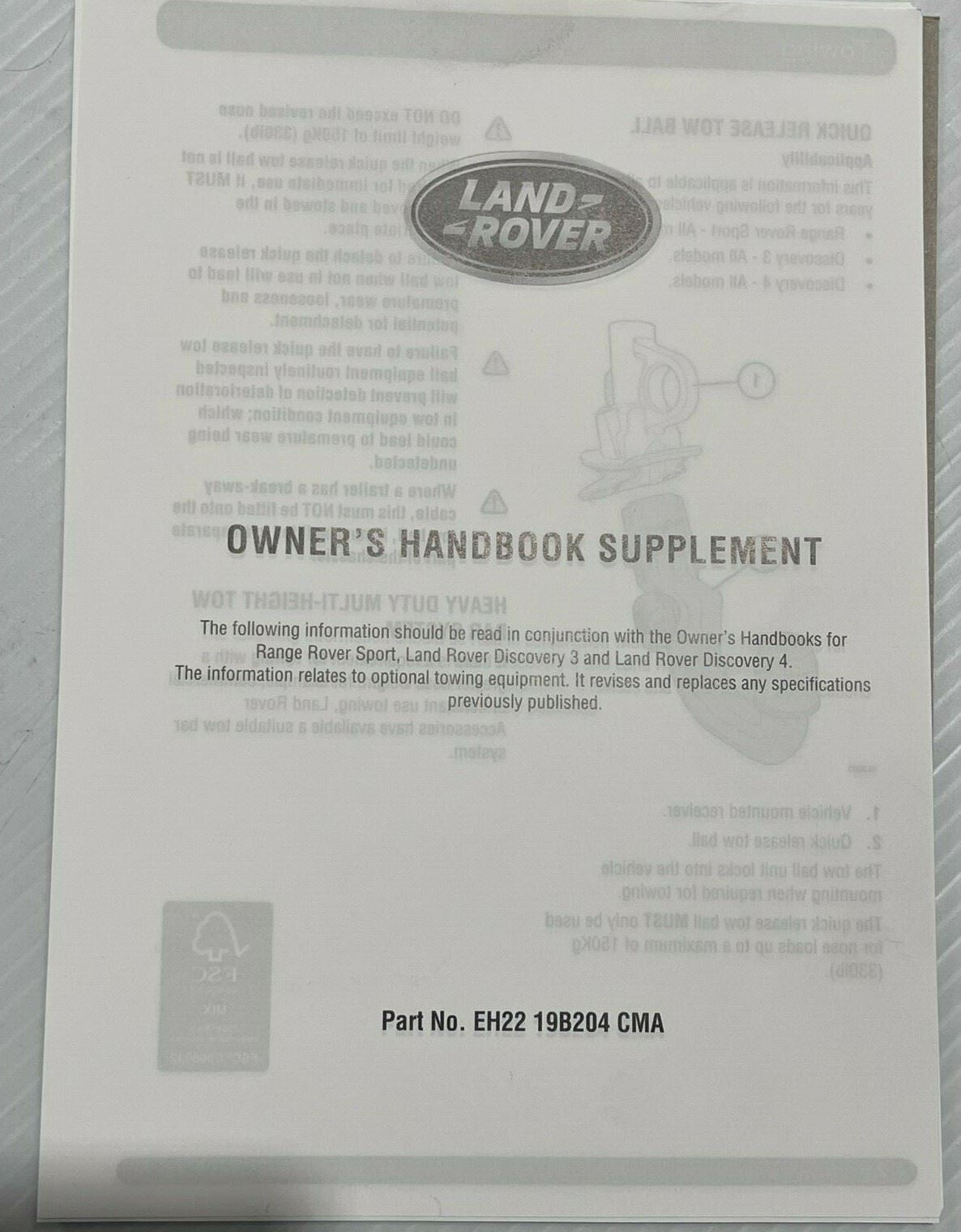 Genuine Land Rover Discovery 3&4 Towing Instruction Leaflet LR068848