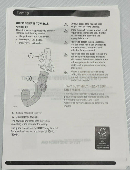 Genuine Land Rover Discovery 3&4 Towing Instruction Leaflet LR068848